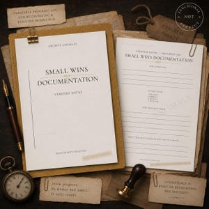Puede incluir: Un registro de progreso imprimible titulado Small Wins Documentation con secciones para tareas, nivel de esfuerzo y reflexión. El conjunto incluye un portapapeles, una pluma estilográfica, un sello de lacre y notas de papel impresas.