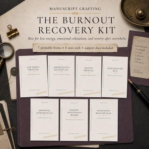Peut inclure: Le kit de récupération Burnout Recovery Kit de Manuscript Crafting comprend sept formulaires imprimables en quatre tailles avec des documents de support. L'ensemble présente des titres comme Low Energy Protocol et Reentry Protocol.