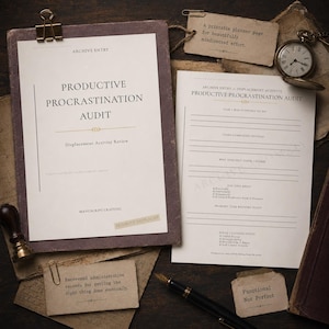 May include: A printable planner page titled Productive Procrastination Audit with sections for task tracking and displacement activity review. The document features black text on off-white paper, accompanied by vintage-style labels and a pocket watch.