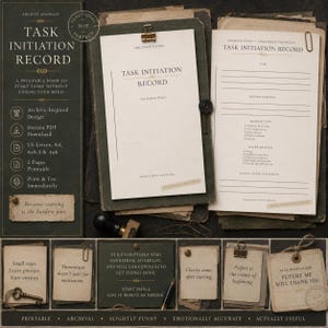 May include: A collection of printable task initiation record forms featuring archive-inspired designs on off-white paper. The documents include sections for task details, barrier types, and entry methods, accompanied by small cards with motivational text.