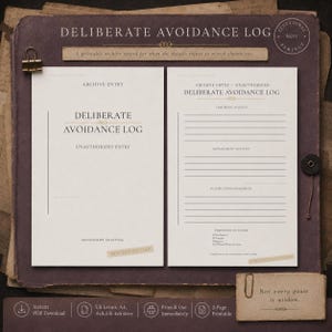 Può includere: Un documento stampabile di due pagine Deliberate Avoidance Log con sezioni per l'attività evitata, l'attività sostitutiva e la giustificazione. Il testo include Archive Entry, Unauthorized Entry e Predicted Outcome con caselle di controllo.