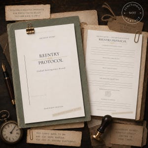 May include: A Reentry Protocol document set featuring a cover page titled Archive Entry Reentry Protocol Gradual Reintegration Record, a secondary form with lines for notes, a fountain pen, a metal stamp, and several paper scraps with printed text.