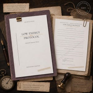 May include: A printable planner page titled Low Energy Protocol with sections for minimum required tasks, optional tasks, and delay factors. The document is clipped to a dark purple board next to a fountain pen, a vintage pocket watch, and a wax seal stamp.