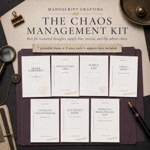 May include: A collection of seven printable forms titled The Chaos Management Kit, featuring documents like Index Unknown, Impulse Control Form, Supply List, Inertia Report, Unsolicited Thought Register, False Urgency Report, and Productive Procrastination Audit.