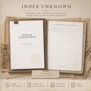 May include: A printable archive record set titled INDEX UNKNOWN, featuring two white pages with black text, a gold metal clip, and a stamp reading UNINDEXED. The documents include fields for entry dates and classification on a textured paper background.
