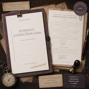 May include: A collection of printed documents titled Avoidance Justification Form, featuring a dark purple clipboard, a fountain pen, a round wax seal stamp, and a vintage pocket watch. The papers include sections for task details, justifications, and classifications.
