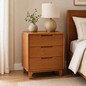 Peut inclure: Une table de chevet en bois à trois tiroirs avec poignées horizontales intégrées, reposant sur quatre pieds fuselés. Sur le dessus se trouvent une lampe beige texturée à abat-jour blanc et un petit vase en céramique avec des tiges d'eucalyptus.