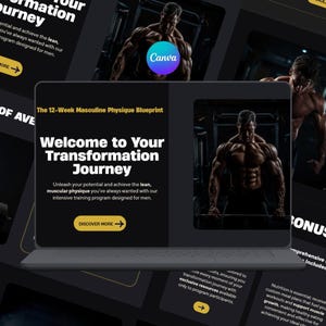 Può includere: Annuncio digitale per un programma di fitness. L'immagine principale presenta un uomo muscoloso e il testo «Benvenuti nel tuo percorso di trasformazione». La combinazione di colori è nero e giallo, con immagini aggiuntive di uomini muscolosi.