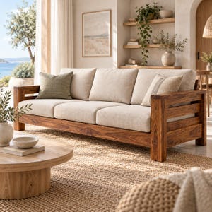 May include: A three-seat sofa with a natural wood frame and light beige upholstered cushions. The sofa features a slatted wooden armrest design and includes one olive green square throw pillow and one textured beige rectangular throw pillow.