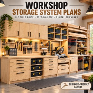 May include: A workshop storage system featuring light wood cabinets, drawers, and open shelving with black hardware. The wall includes a pegboard with various hand tools, a miter saw, and storage bins. Text reads: WORKSHOP STORAGE SYSTEM PLANS.