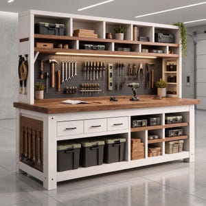 Può includere: Un grande banco da lavoro bianco e in legno dotato di pannello forato con vari utensili manuali, un ripiano superiore con contenitori e una sezione inferiore con tre cassetti e scaffali aperti contenenti contenitori in plastica e blocchi.