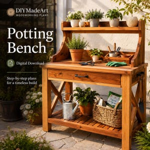 May include: A wooden potting bench with a top shelf, a central drawer with a black handle, and a slatted bottom shelf. The bench holds various potted plants, a metal watering can, a woven basket with potting mix, and gardening tools.