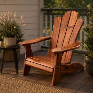Könnte beinhalten: Ein Adirondack-Stuhl aus Holz mit einer hohen, geschwungenen Rückenlehne mit vertikalen Lamellen, breiten Armlehnen und einer geneigten Sitzfläche. Der Stuhl besteht aus Holz mit einer sichtbaren, satten braunen Maserung und glatter Oberfläche.