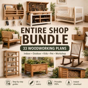 May include: A digital collection of 33 woodworking plans titled ENTIRE SHOP BUNDLE, featuring images of a wall organiser, workbench, cot, bench, bookshelf, planter, rocking chair, and firewood shed with step-by-step guides in US and metric units.