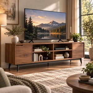 May include: A long, rectangular wooden media console with two side cabinets and an open center section featuring two shelves. The unit stands on four tapered black legs and displays books, small decorative bowls, and potted plants on its shelves.