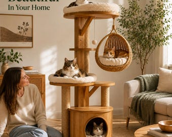 DIY Wooden Cat Tree Tower, Woodworking Plan PDF, Multi-Level Perches, Sisal Scratching Posts, Modern Pet House