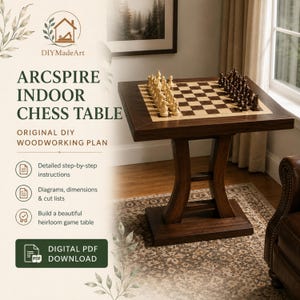 May include: A dark wood chess table with a square board featuring light and dark wood squares. The table has a central pedestal base with curved supports. Text on the image reads DIYMadeArt, ARCSPIRE INDOOR CHESS TABLE, ORIGINAL DIY WOODWORKING PLAN, and DIGITAL PDF DOWNLOAD.