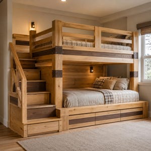 May include: A wooden bunk bed featuring a light oak finish with dark brown accents and metal corner brackets. The structure includes a staircase with built-in storage drawers, a lower bed with three base drawers, and a safety railing on the top bunk.