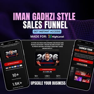 Könnte beinhalten: Werbebild für einen Sales Funnel mit dem Text "IMAN GADHZI STYLE SALES FUNNEL". Drei Smartphones zeigen Inhalte, darunter den Text "2026" und "LAUNCH YOUR HIGH INCOME CAREER". Das Bild wirbt für Online-Einkommen und die Verbesserung von Unternehmen.