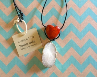 Heart and Snow Apple Coral and Druzy Pendant.