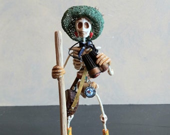 Desert Hiker/Birder Day of the Dead Skeleton Figurine/Sugar Skull Diorama with Saguaro and Cholla Cactus