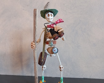 Desert Hiker/Birder Day of the Dead Skeleton Figurine/Sugar Skull Dioramawith Saguaro and Cholla Cactus