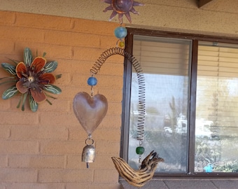 Saguaro Cactus Rib Bird Mobile: Metal Heart, African Beads, Jute Hanger