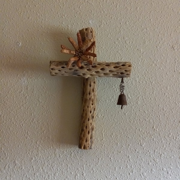 Chunky 12 inch Cholla Cactus Wood Cross with Handmade Mesquite Pod Flower and Rusted Bell