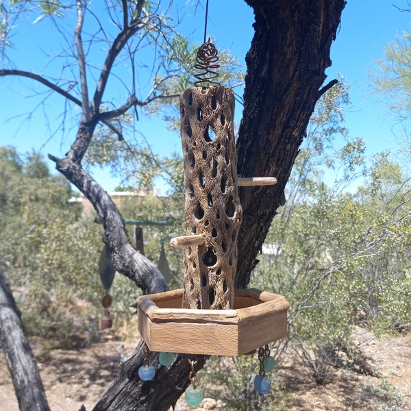 Funky Southwest  Cholla Cactus Wood Bird Feeder with African Glass Beads