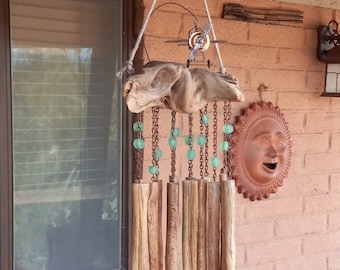 Saguaro Rib and Cholla Cactus Wood Soft Windchime/Mobile with African Beads and Airplane