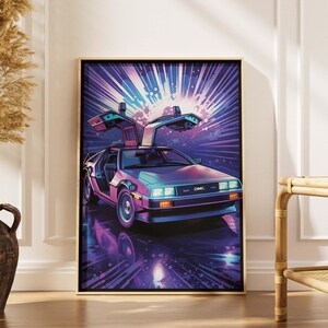 DeLorean Retro Poster Neon Car Art, 80s Synthwave Wall Art, Vintage Sci-Fi Printable, Retro Future Decor, Digital Download