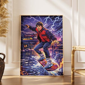 May include: A framed poster featuring a vibrant illustration of a person riding a hoverboard over water, with a backdrop of lightning and a retro diner. The person is wearing a red jacket and blue jeans. The poster has a gold frame.