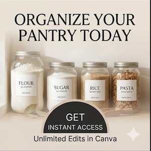 May include: Image promoting pantry organization. Four glass jars with silver lids are labeled with "FLOUR", "SUGAR", "RICE", and "PASTA". The text "ORGANIZE YOUR PANTRY TODAY" and "GET INSTANT ACCESS Unlimited Edits in Canva" are also visible.