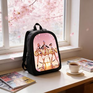 Może przedstawiać: Czarny plecak z kolorową grafiką przedstawiającą trzy postacie i napisem "GOLDEN HUNTRX". Plecak stoi na białej powierzchni obok filiżanki kawy i magazynu.