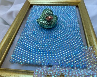 Original Frame Rhinestone Rubber Duck Bathtub Wall Art Whimsical Dopamine Decor Mixed Media Handmade Decor Art Piece