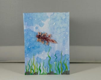 Mixed Media Original art ACEO 2.5x3.5 artist cards Beaded gecko and axolotl