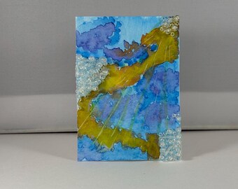 Mixed Media Original art ACEO 2.5x3.5 artist card beaded watercolor abstract “close to galaxies”