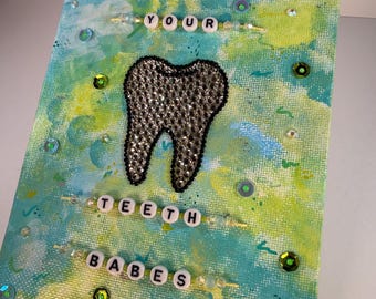 Original Brush Your Teeth Bathroom Wall Art Whimsical Dopamine Decor Mixed Media Handmade Decor Art Piece