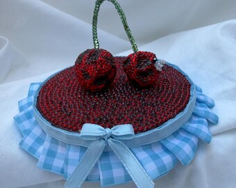 Original Red Rhinestoned Cherry and Flies Wall Art Whimsical Dopamine Decor Mixed Media Handmade Decor Art Piece