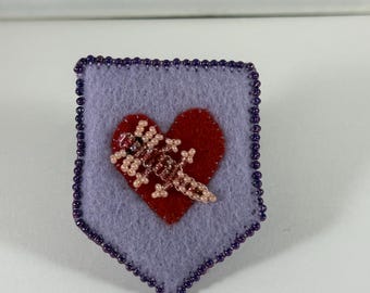 Beaded heart patch pins Bat Axolotl beaded creature felt pin embroidered