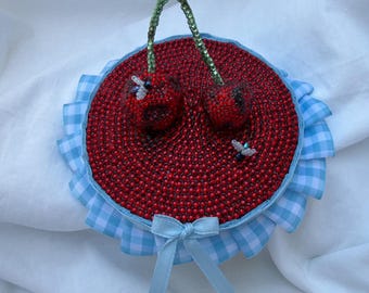 Original Red Rhinestoned Cherry and Flies Wall Art Whimsical Dopamine Decor Mixed Media Handmade Decor Art Piece