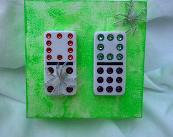 Original Neon Green Domino Spider Wall Art Whimsical Dopamine Decor Mixed Media Handmade Decor Art Piece