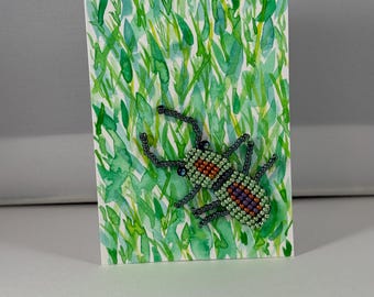 Mixed Media Original art ACEO 2.5x3.5 art card beaded sequined embroidered insects and bugs “here there be bugs”