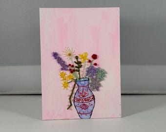 Mixed Media Original art ACEO 2.5x3.5 artist card embroidered watercolor “Vases”