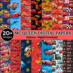May include: A collection of digital papers featuring various Cars movie characters including Lightning McQueen and Mater, with checkered flags, the number 95, and racing motifs in red, blue, yellow, and black, labeled 20+ MC QUEEN DIGITAL PAPERS.