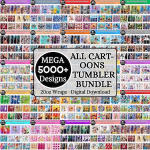 Puede incluir: Una colección digital de más de 5000 diseños de vasos con dibujos animados, temas de personajes y patrones. El texto central dice MEGA 5000+ Designs ALL CARTOONS TUMBLER BUNDLE 20oz Wraps - Digital Download, mostrando arte gráfico colorido.