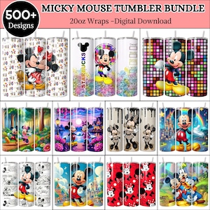 Puede incluir: Un paquete digital de más de 500 diseños de vasos Micky Mouse para envoltorios de 20oz. La imagen muestra varios gráficos de vasos cilíndricos con Micky Mouse, Minnie Mouse y amigos en entornos coloridos, estampados y escénicos.