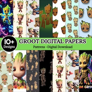 May include: A collection of digital papers featuring various patterns of the character Groot. The designs include illustrations of Groot in different poses, some with a raccoon, hearts, or in pots, set against backgrounds of black, white, and light blue.