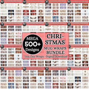 Puede incluir: Una colección digital de más de 500 diseños de envolturas para tazas navideñas de 11oz y 15oz. La muestra presenta varios temas festivos, incluyendo árboles de Navidad, Santa Claus, gnomos y vacas de las tierras altas, en paquetes temáticos.