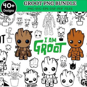 Può includere: Una collezione digitale di oltre 40 design del personaggio Groot in vari stili, inclusi disegni a linee in bianco e nero e illustrazioni a colori. L'immagine contiene il testo GROOT PNG BUNDLE, PNG-SVG-EPS-DXF-PDF FILES e I AM GROOT.